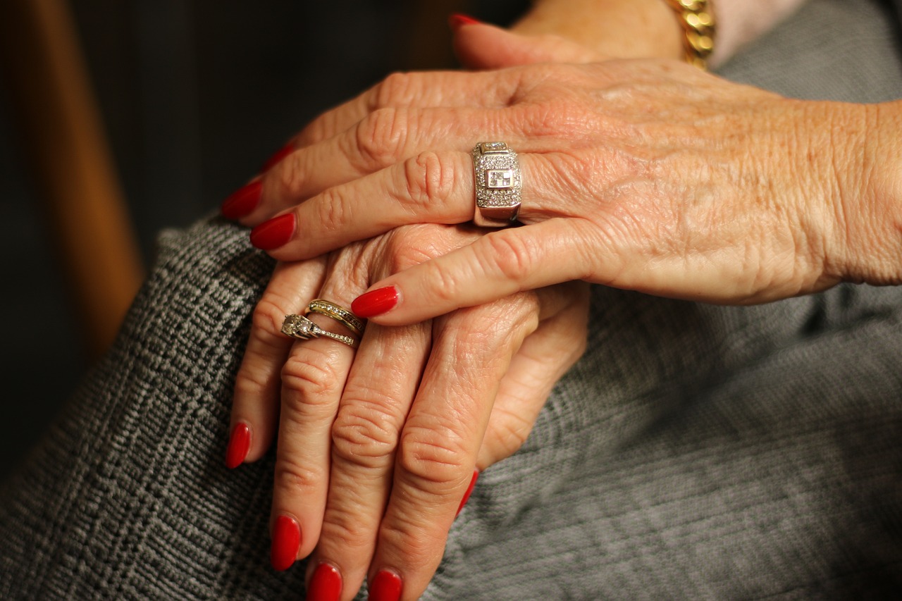 Older woman's finger nail with wedding ring