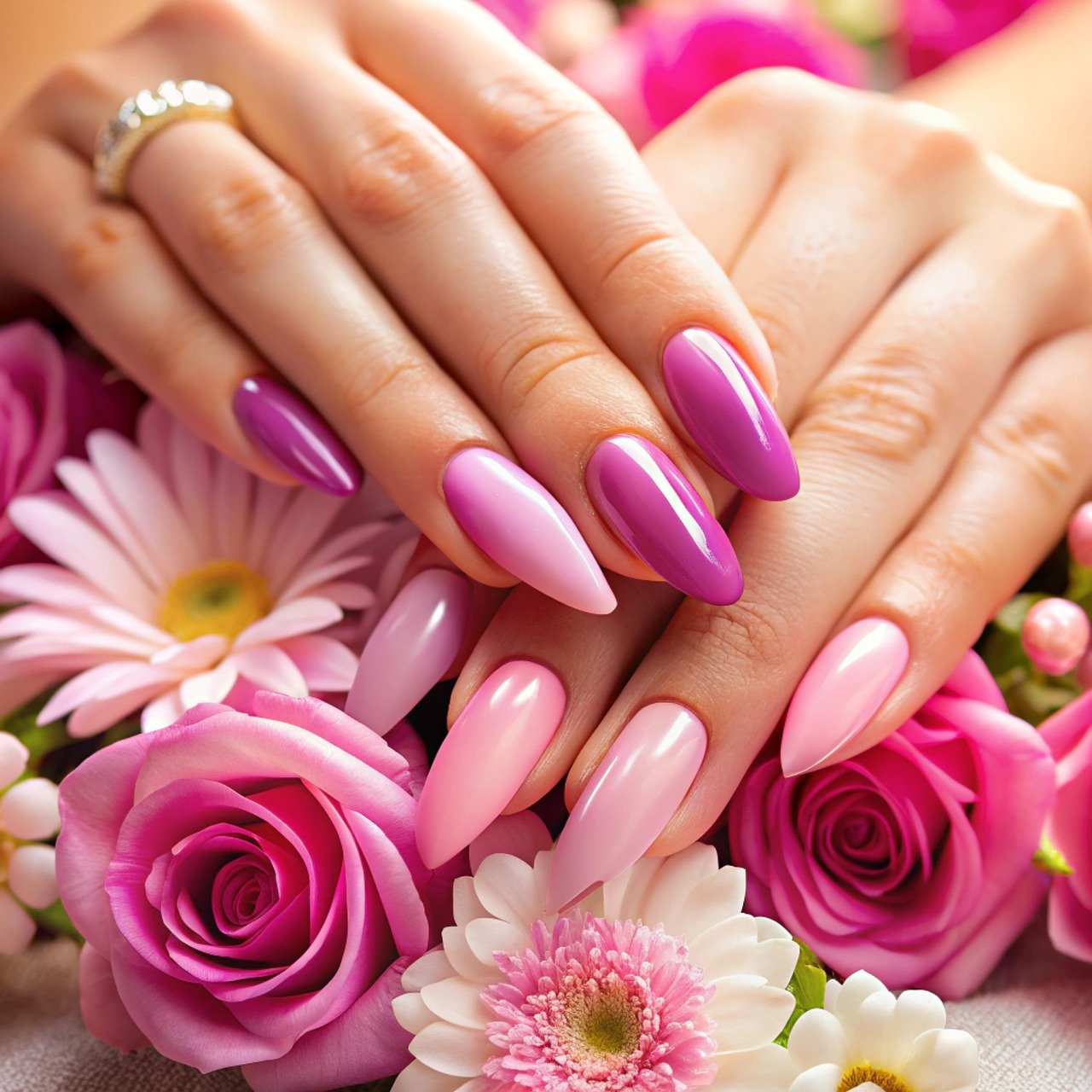 Beautiful hands different with pink shade colors on finger nails