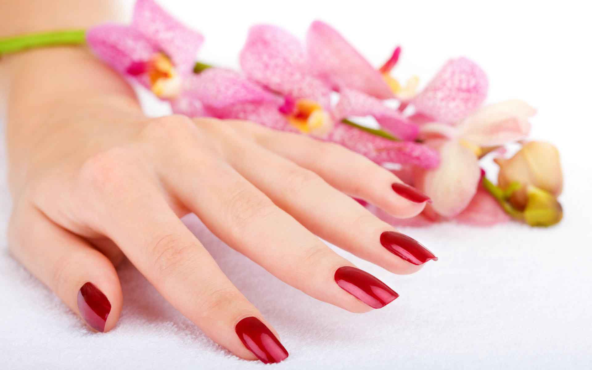 Beautiful woman's hand red finger nails