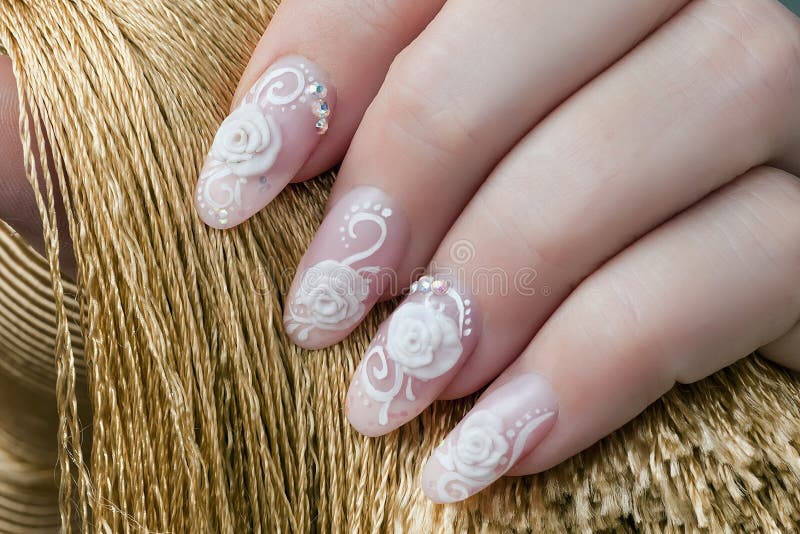 Beautiful pink with white flower finger nails design