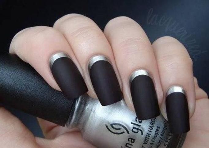 Black nails with silver cuticle design